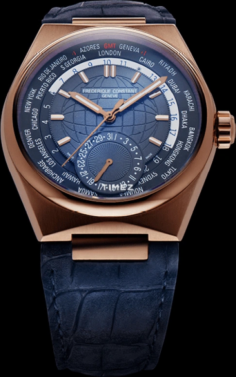 Frederique Constant,Other 41mm,41mm,Rose Gold,Blue,Automatic,Day,World Time,FC,FC-718BL4NH9