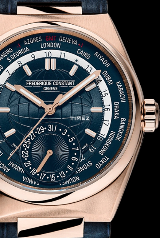 Frederique Constant,Other 41mm,41mm,Rose Gold,Blue,Automatic,Day,World Time,FC,FC-718BL4NH9