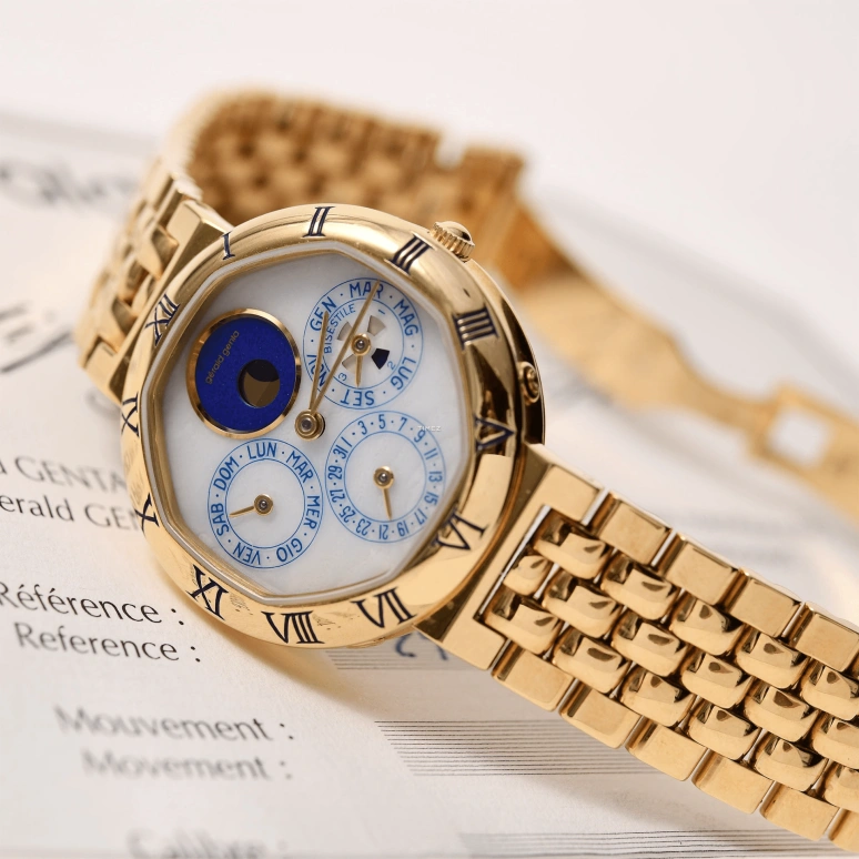 Gérald Genta,Other 33mm,33mm,Yellow Gold,White,Automatic,Moonphase,Perpetual Calendar,Leap Year,Month,Sapphire,Crystal Glass,Round,G2994