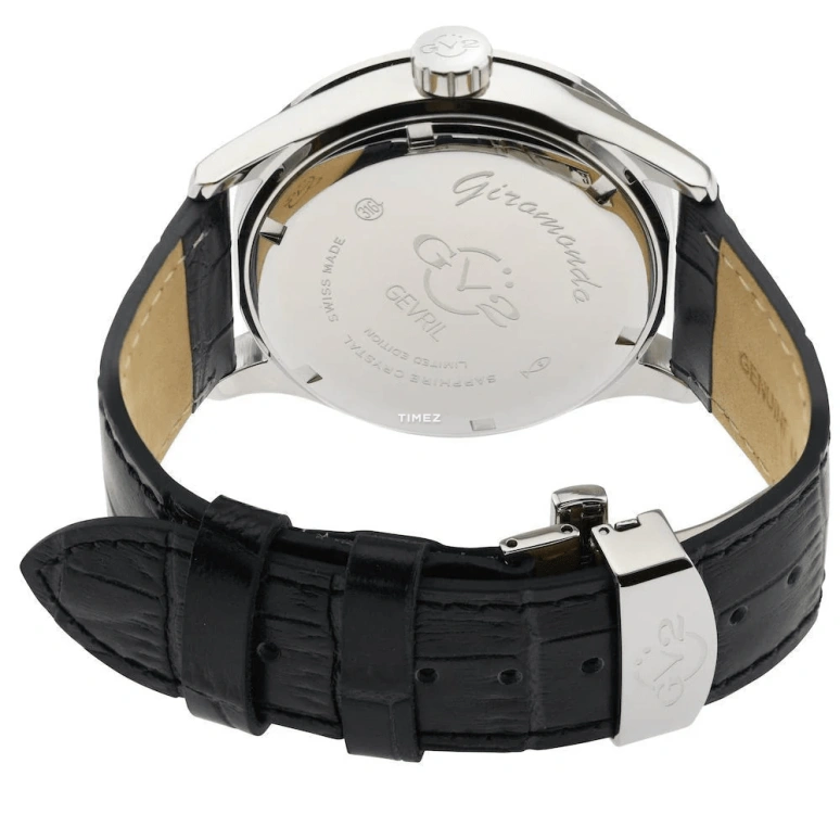 Gevril,Giromondo 42mm,42mm,Stainless Steel,Black,Quartz,Day,Dule Time,42303