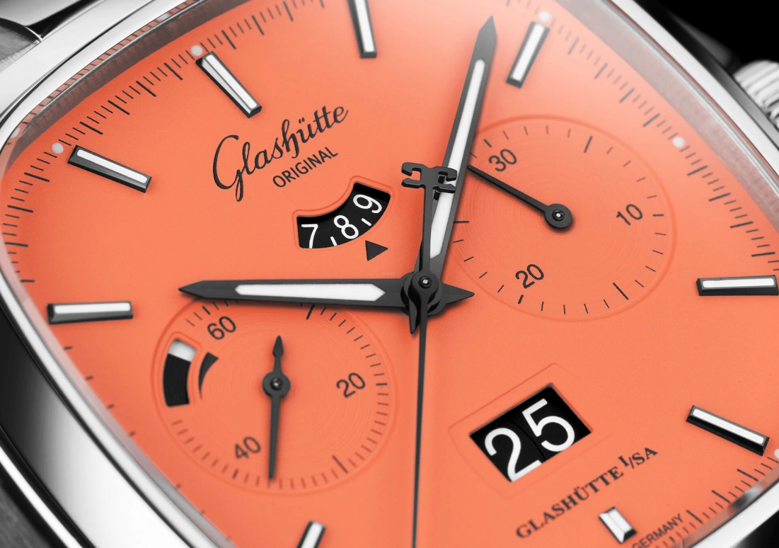 Glashütte Original,Seventies 40x40mm,40x40mm,Stainless Steel,Orange,Automatic,Chronograph,Power Reserve Indicator,Flyback,Big Date,70hours,In-house Caliber,1,1-37-02-11-02-70