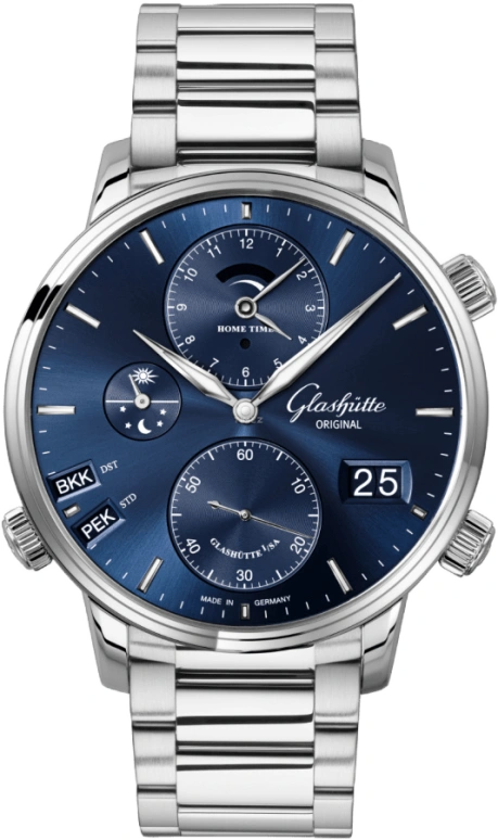 Glashütte Original,Senator 44mm,44mm,Stainless Steel,Blue,Automatic,Day,Power Reserve Indicator,World Time,Big Date,72hours,In-house Caliber,1,1-89-02-05-02-70