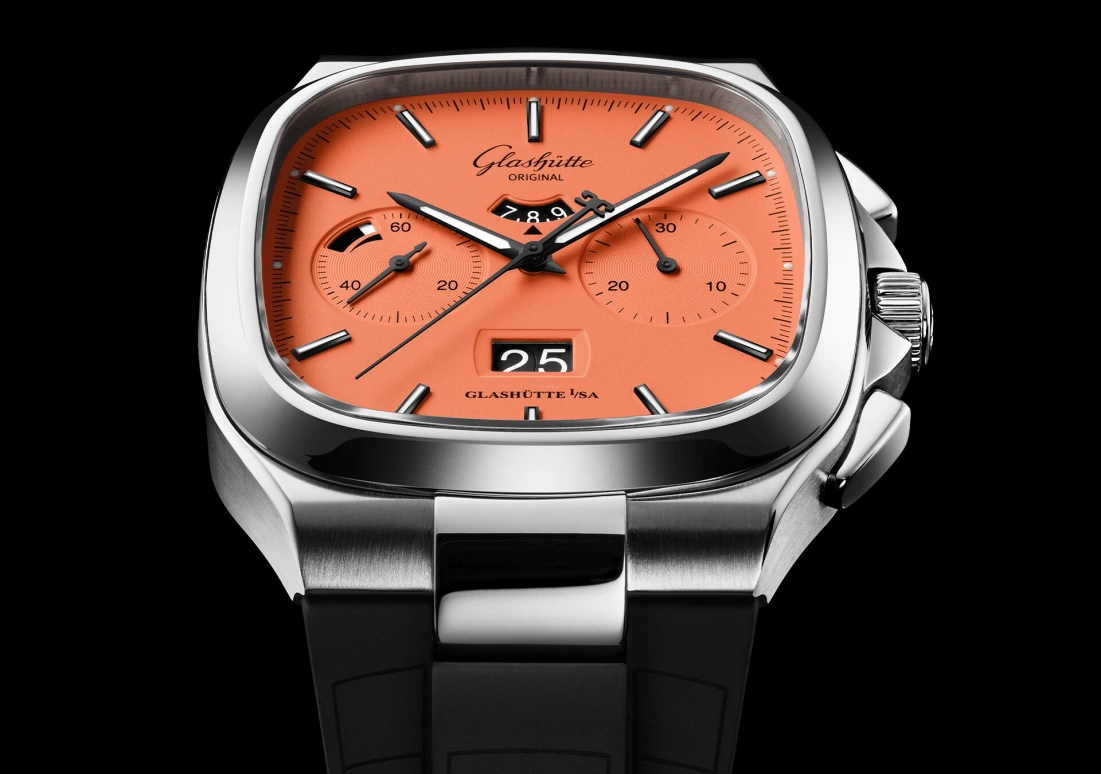 Glashütte Original,Seventies 40x40mm,40x40mm,Stainless Steel,Orange,Automatic,Chronograph,Power Reserve Indicator,Flyback,Big Date,70hours,In-house Caliber,1,1-37-02-11-02-70
