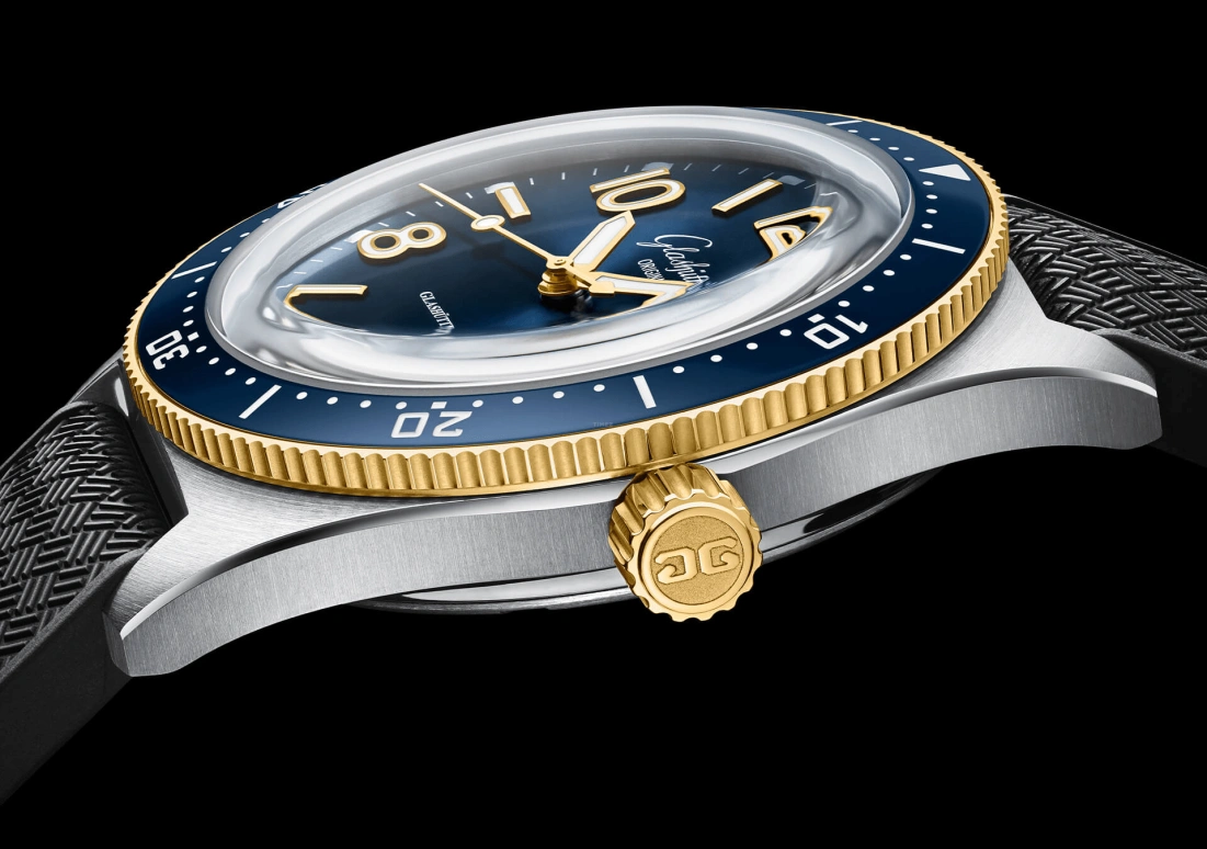 Glashütte Original,SeaQ 39.50mm,39.50mm,Yellow Gold,Stainless Steel,Blue,Automatic,Date,40hours,1,1-39-11-10-90-34