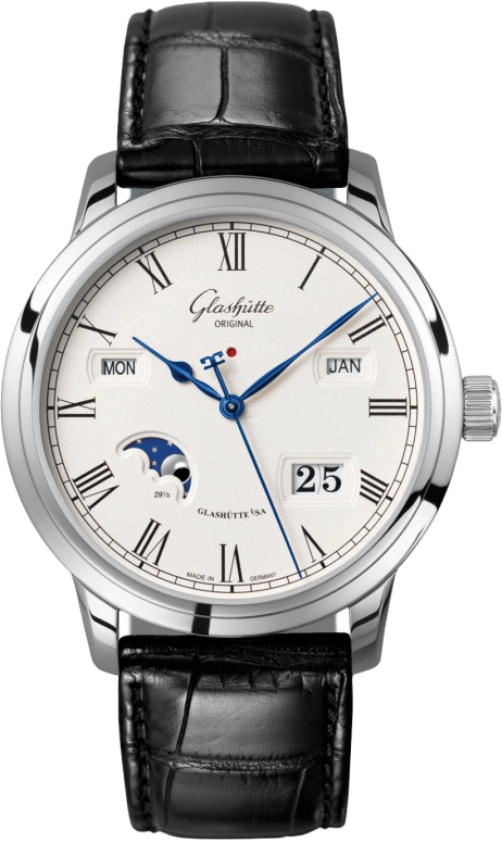 Glashütte Original,Senator 42mm,42mm,Stainless Steel,Silver,Automatic,Moonphase,Leap Year,Month,Day,55hours,In-house Caliber,100,100-02-22-12-05