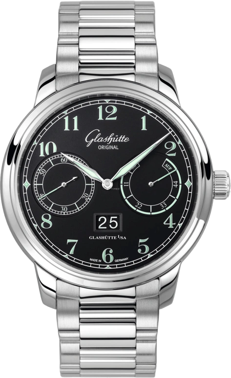 Glashütte Original,Senator 44mm,44mm,Stainless Steel,Black,Automatic,Power Reserve Indicator,Big Date,Alarm,100,100-14-07-02-70