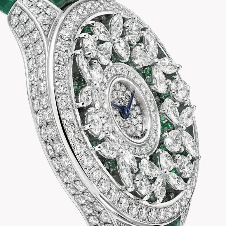 Graff,Butterfly 33mm,33mm,White Gold,Silver,Green,Quartz,Sapphire,Crystal Glass,Round,BF33WGDE