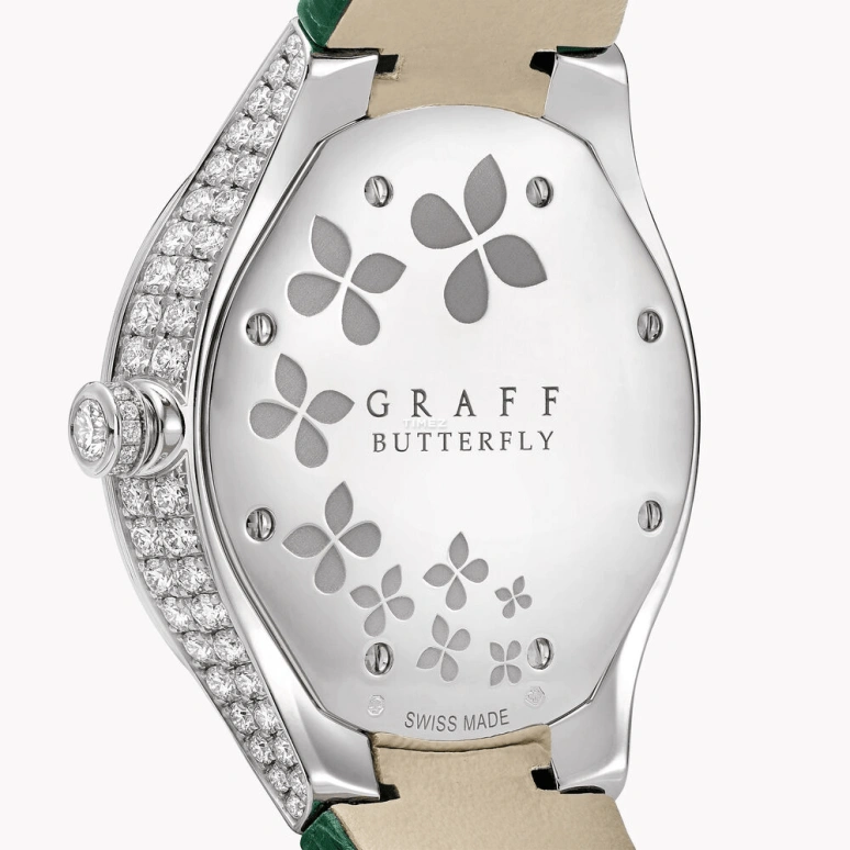 Graff,Butterfly 33mm,33mm,White Gold,Silver,Green,Quartz,Sapphire,Crystal Glass,Round,BF33WGDE