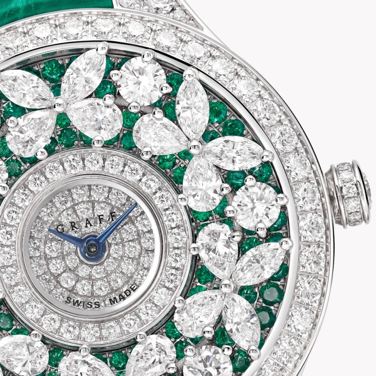 Graff,Butterfly 33mm,33mm,White Gold,Silver,Green,Quartz,Sapphire,Crystal Glass,Round,BF33WGDE