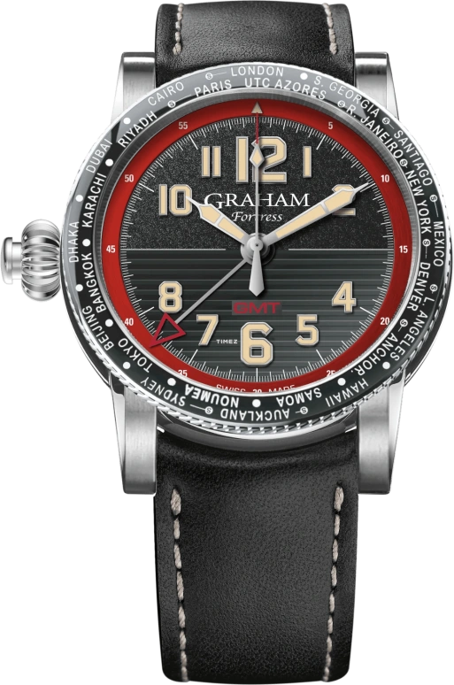 Graham,Fortress 44mm,44mm,Stainless Steel,Black,Red,Automatic,World Time,Sapphire,Crystal Glass,2FOBC,2FOBC.R01A
