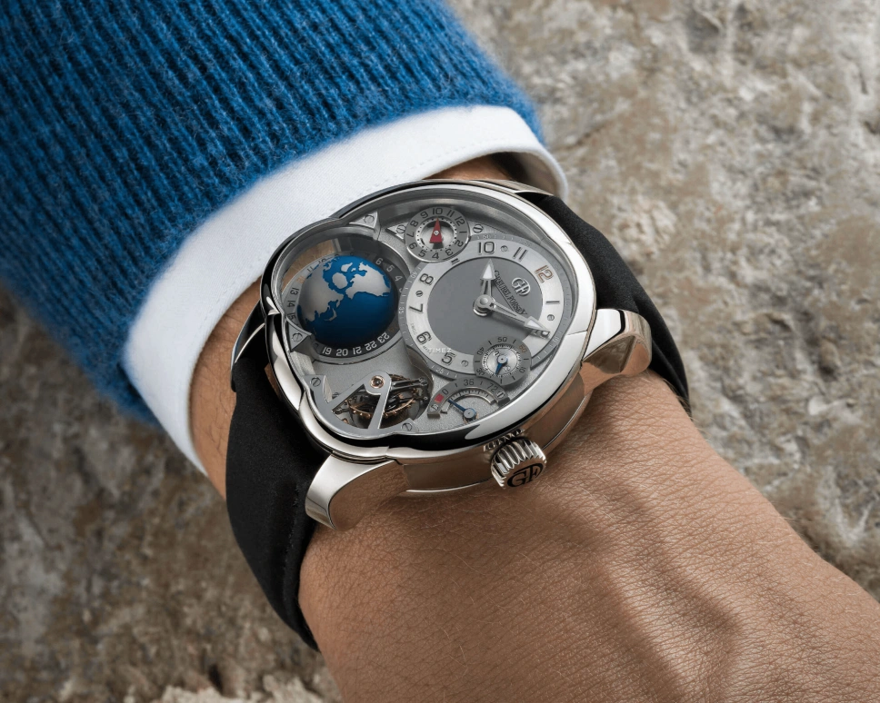 Greubel Forsey,Other 43.50mm,43.50mm,White Gold,Silver,Grey,Handwound,Power Reserve Indicator,Dule Time,World Time,Tourbillon,Sapphire,Crystal Glass,Round,GMT Silver