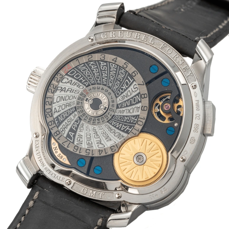 Greubel Forsey,Other 43.50mm,43.50mm,Platinum,Black,White,Handwound,Power Reserve Indicator,Dule Time,World Time,Tourbillon,Sapphire,Crystal Glass,Round,GMT Black