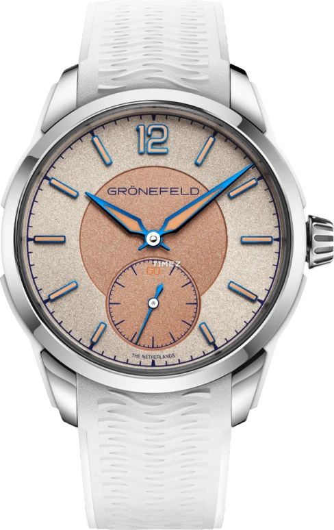 Grönefeld,1969 Deltaworks 44.50mm,44.50mm,Stainless Steel,Sand,Salmon,Automatic,56hours,In-house Caliber,1969 Deltaworks White With Rubber Clad Inserts