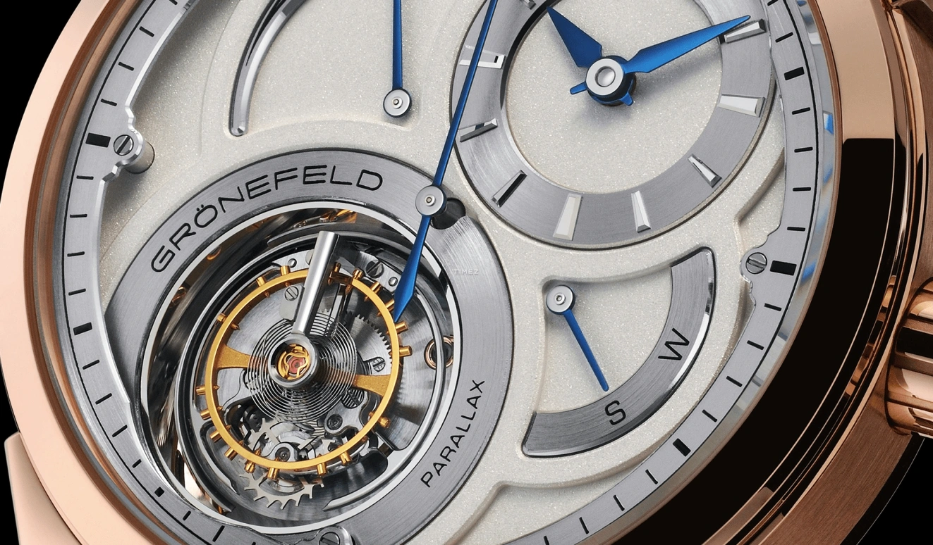 Grönefeld,Parallax Tourbillon 43mm,43mm,Red Gold,Silver,White,Handwound,Power Reserve Indicator,Tourbillon,Function Selector,Parallax tourbillon RG
