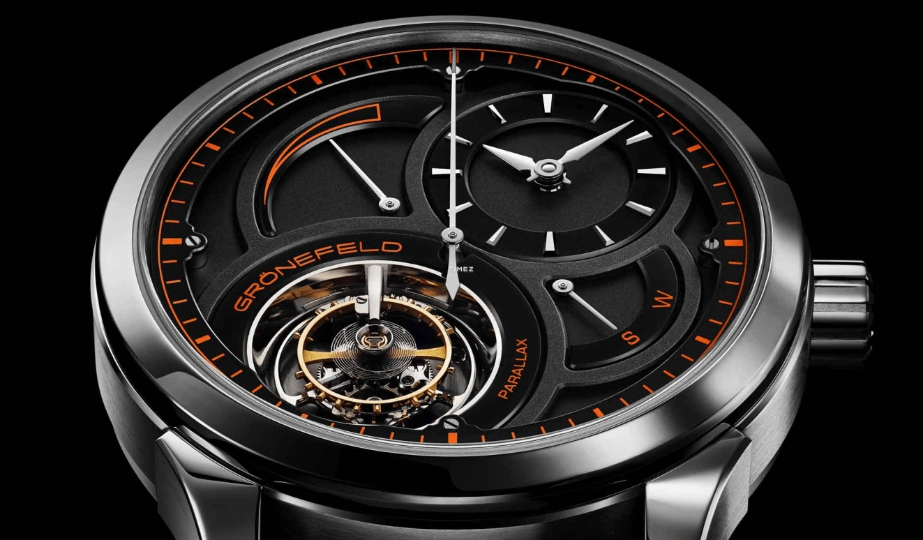 Grönefeld,Parallax Tourbillon 43mm,43mm,Platinum,Black,Handwound,Power Reserve Indicator,Tourbillon,Function Selector,Unique Parallax PT