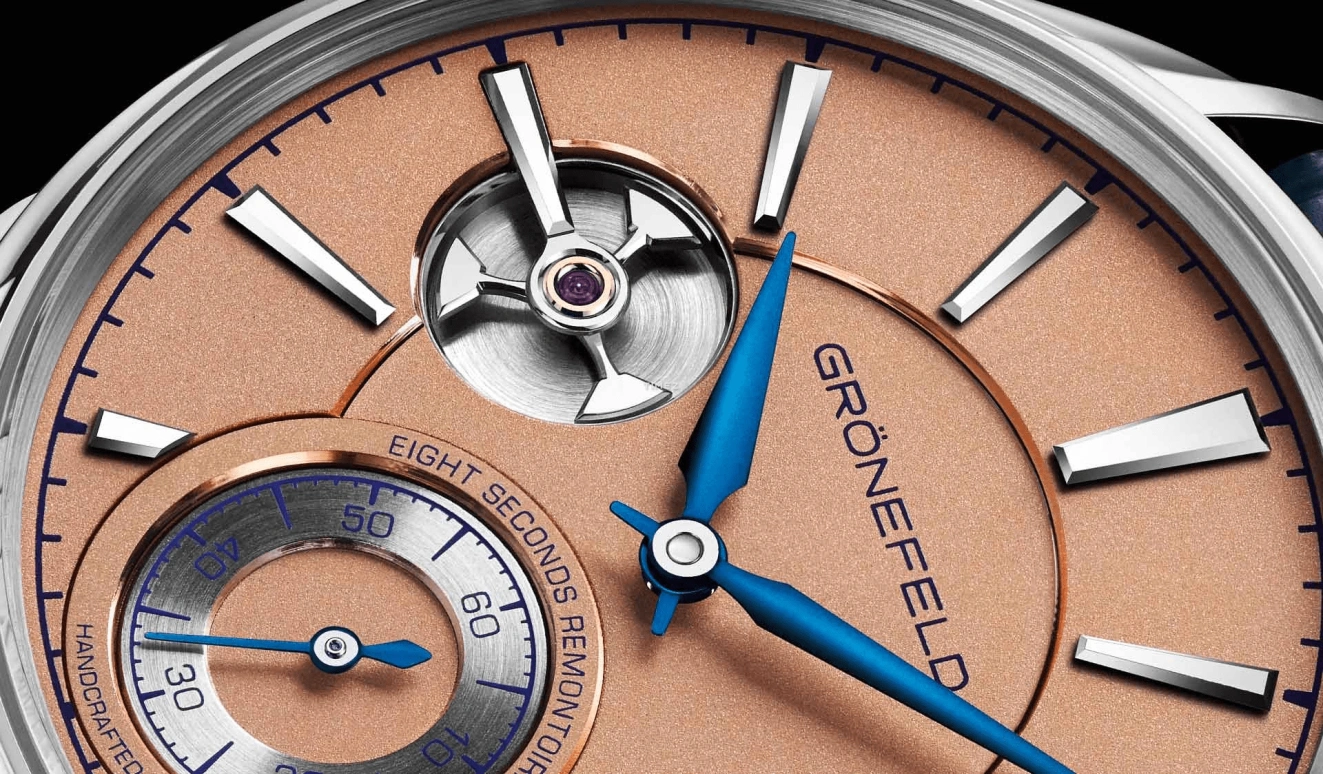 Grönefeld,1941 Remontoire 39.50mm,39.50mm,White Gold,Salmon,Handwound,Constant Force Mechanism,35hours,1941 Remontoire Constant Force Salmon Dial WG