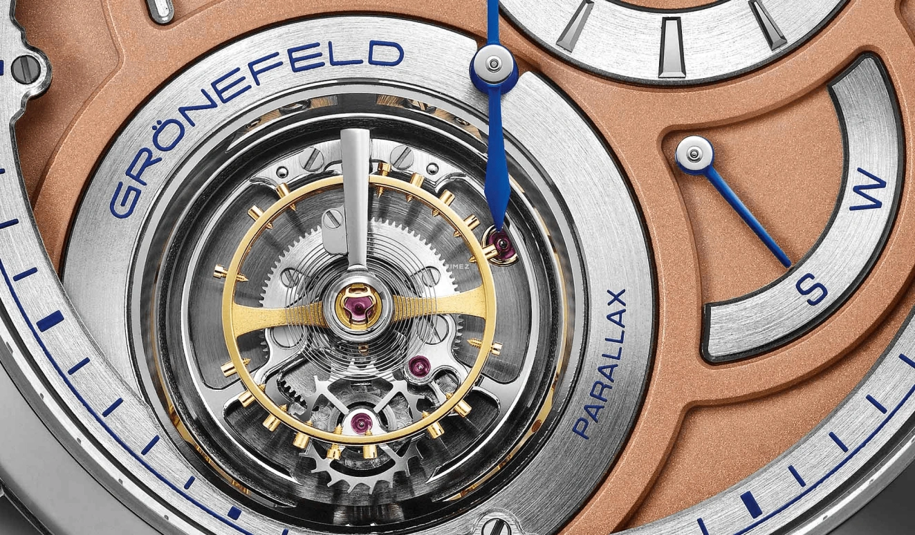 Grönefeld,Parallax Tourbillon 43mm,43mm,Platinum,Salmon,Silver,Handwound,Power Reserve Indicator,Tourbillon,Function Selector,Parallax tourbillon PT