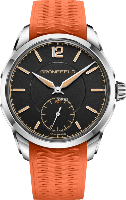Grönefeld,1969 Deltaworks 44.50mm,44.50mm,Stainless Steel,Black,Automatic,56hours,In-house Caliber,1969 Deltaworks Orange ST Inserts