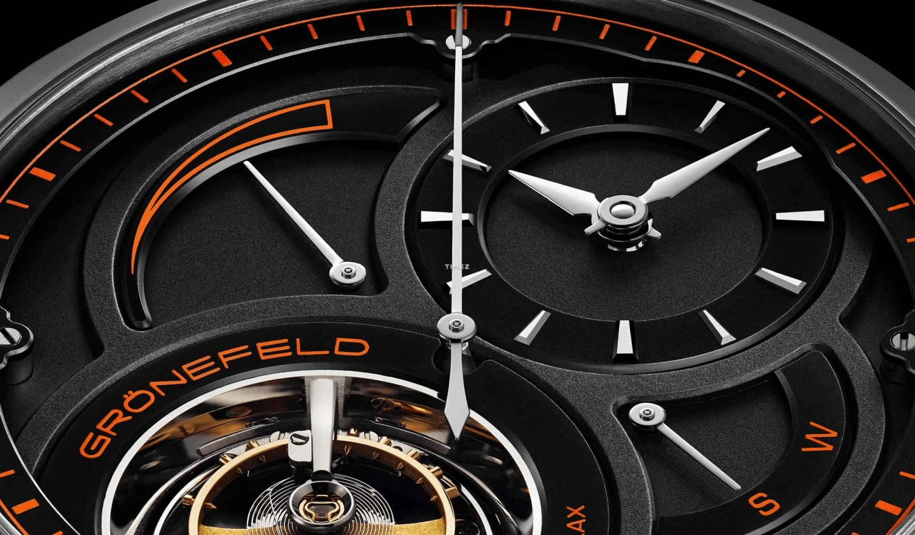 Grönefeld,Parallax Tourbillon 43mm,43mm,Platinum,Black,Handwound,Power Reserve Indicator,Tourbillon,Function Selector,Unique Parallax PT