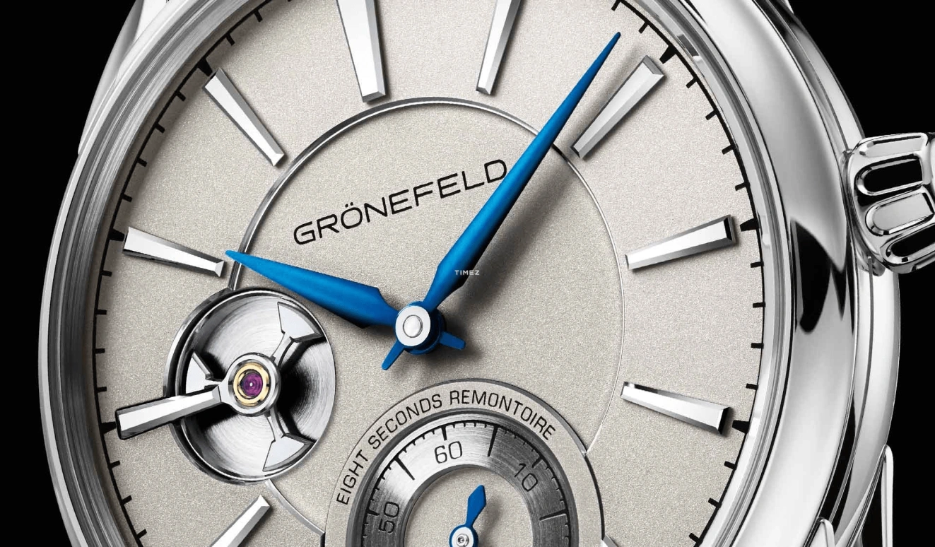 Grönefeld,1941 Remontoire 39.50mm,39.50mm,White Gold,Antique Silver,Handwound,Constant Force Mechanism,35hours,1941 Remontoire Constant Force Rhodium Dial WG