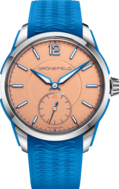 Grönefeld,1969 Deltaworks 44.50mm,44.50mm,Stainless Steel,Blue,Automatic,56hours,In-house Caliber,1969 Deltaworks Blue Rubber Clad Inserts
