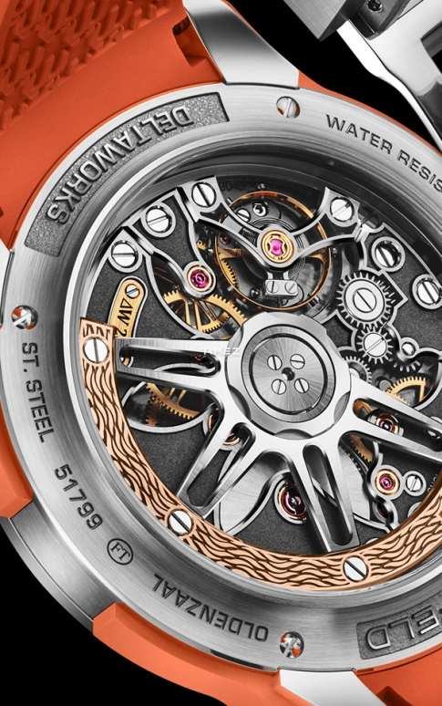 Grönefeld,1969 Deltaworks 44.50mm,44.50mm,Stainless Steel,Salmon,Automatic,56hours,In-house Caliber,1969 Deltaworks Orange With Rubber Clad Inserts