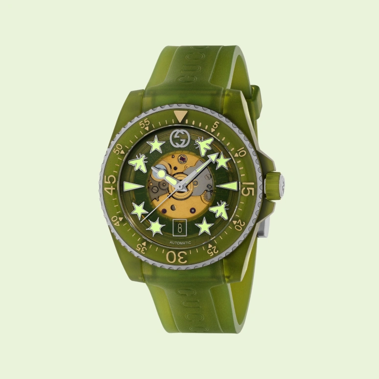 GUCCI,Gucci Dive 40mm,40mm,Bioceramic,Plastic,Transparent,Green,Sapphire,Green,YA136345