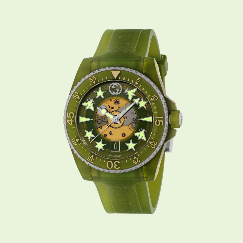 GUCCI,Gucci Dive 40mm,40mm,Bioceramic,Plastic,Transparent,Green,Sapphire,Green,YA136345