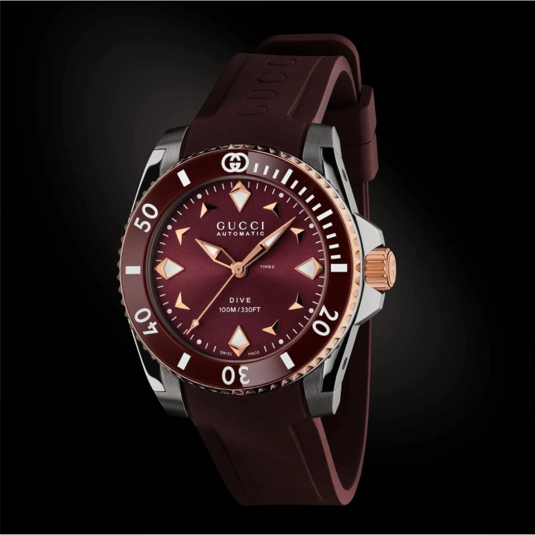 GUCCI,Gucci Dive 36mm,36mm,Stainless Steel,Burgundy,Automatic,Sapphire,Crystal Glass,Round,866386 IFAA0 8535
