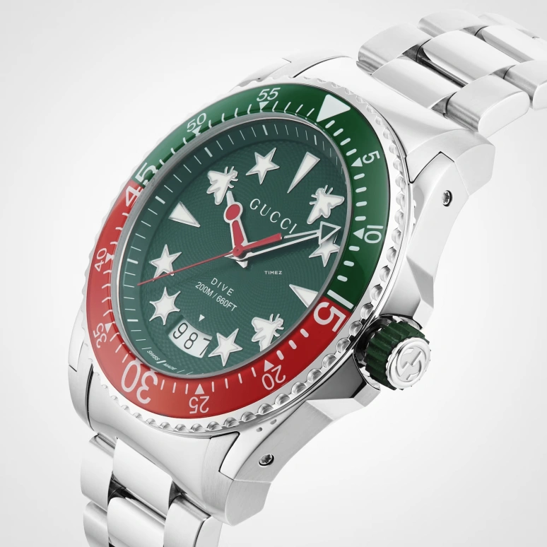 GUCCI,Gucci Dive 40mm,40mm,Stainless Steel,Green,Quartz,Day,Sapphire,YA136222