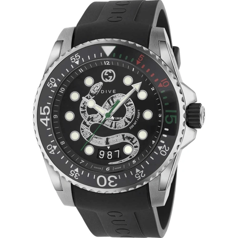 GUCCI,Gucci Dive 45mm,45mm,Stainless Steel,Black,Quartz,Day,Sapphire,Crystal Glass,YA136217