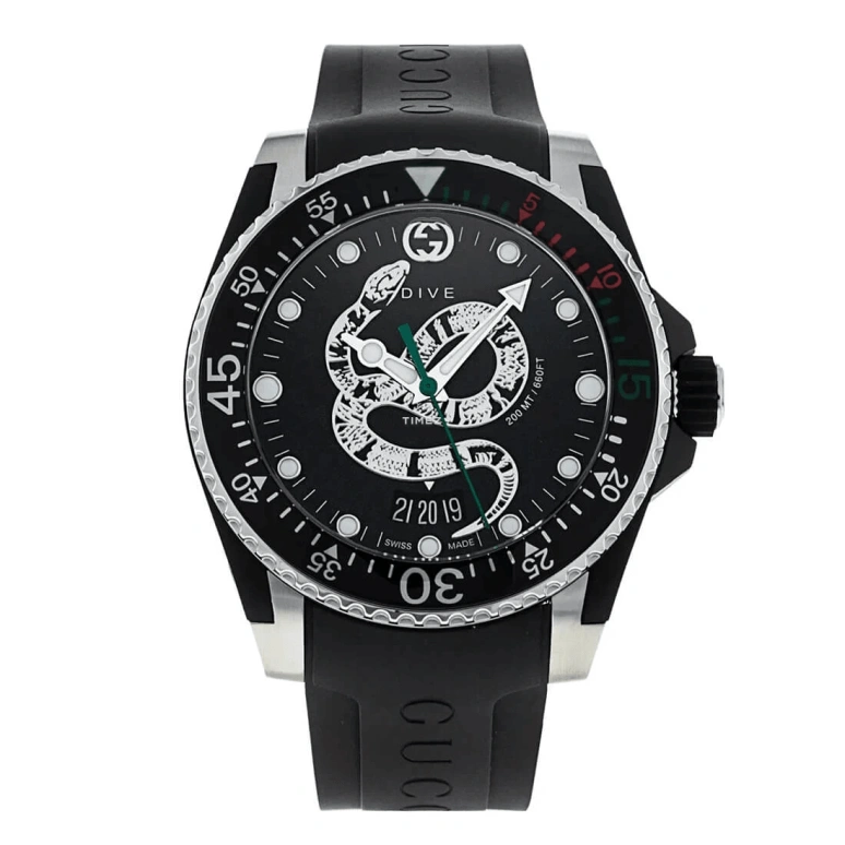 GUCCI,Gucci Dive 40mm,40mm,Stainless Steel,Black,Silver,Automatic,Day,Sapphire,Crystal Glass,YA136323