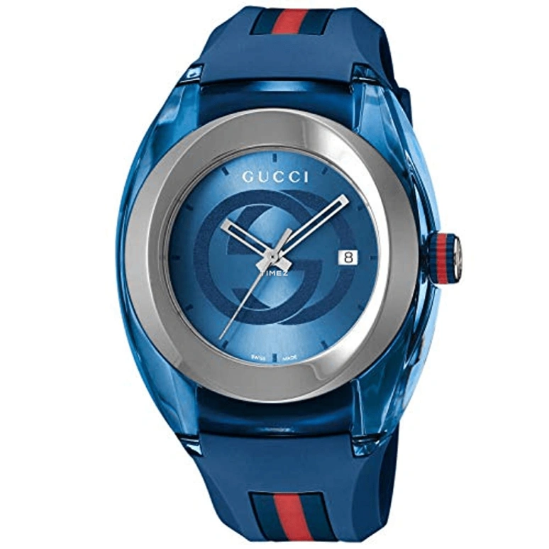 GUCCI,Gucci 45mm,45mm,Stainless Steel,Plastic,Blue,Quartz,Day,Sapphire,YA137104A