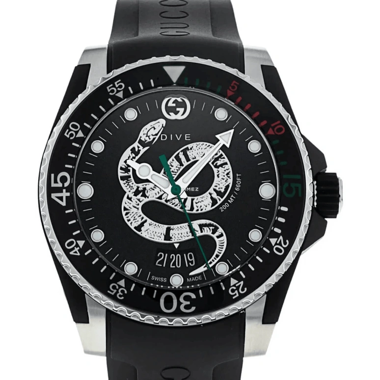 GUCCI,Gucci Dive 40mm,40mm,Stainless Steel,Black,Silver,Automatic,Day,Sapphire,Crystal Glass,YA136323