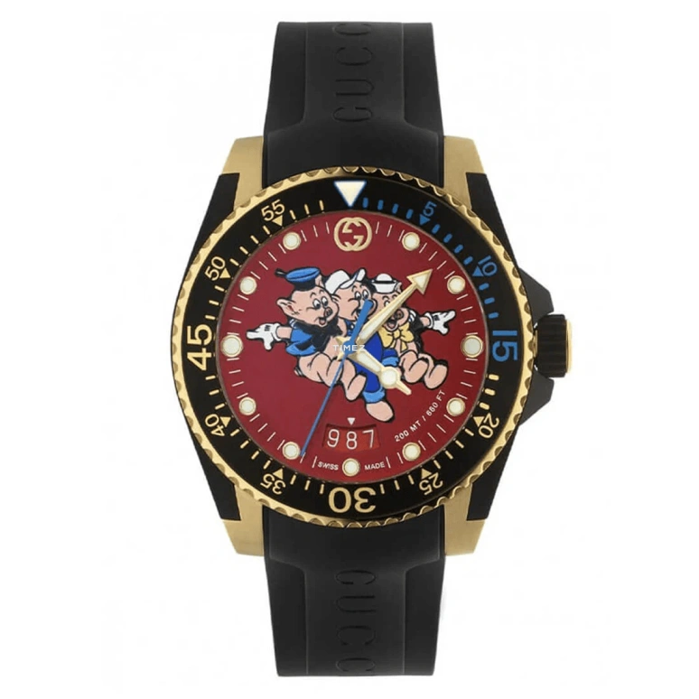 GUCCI,Gucci Dive 40mm,40mm,Stainless Steel,Yellow Gold,Red,Quartz,Day,Round,YA136325