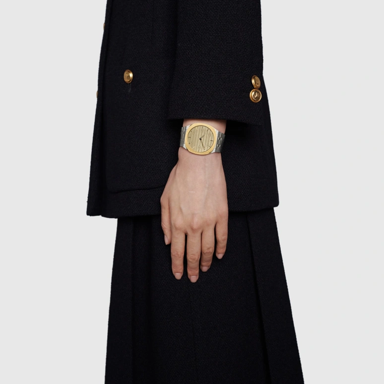 GUCCI,Gucci 25H 38mm,38mm,Stainless Steel,Gold,Automatic,Sapphire,Crystal Glass,Silver,YA163405