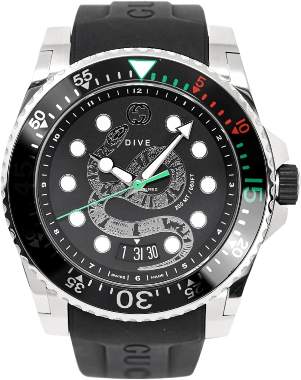 GUCCI,Gucci Dive 45mm,45mm,Stainless Steel,Black,Quartz,Day,Sapphire,Crystal Glass,YA136217