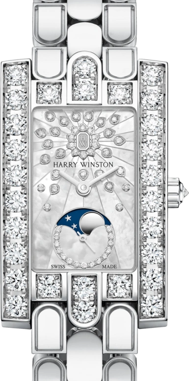 Harry Winston,The Avenue 21.4x36.1mm,21.4x36.1mm,Gold,White Gold,White,Quartz,In-house Caliber,Gold,Mother of Pearl,Emerald,AVEQMP21WW009