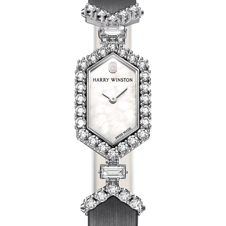 Harry Winston,High Jewelry Timepieces 18x30mm,18x30mm,Platinum,White,Quartz,In-house Caliber,Mother of Pearl,HJTQHM18PP006