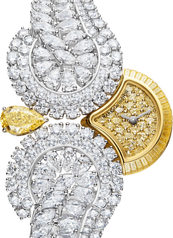 Harry Winston,High Jewelry Timepieces 24.5x21mm,24.5x21mm,Yellow Gold,Gold,Quartz,In-house Caliber,Closed,HJTQHM21YY001