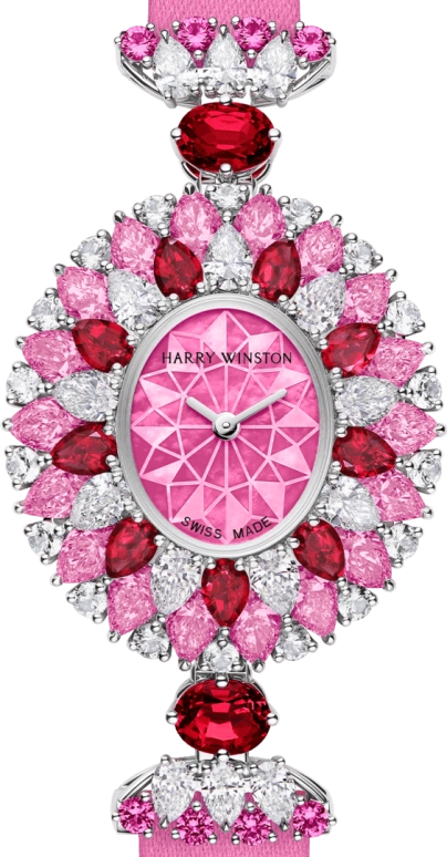 Harry Winston,High Jewelry Timepieces 29.6x31.85mm,29.6x31.85mm,Platinum,Pink,Quartz,In-house Caliber,Mother of Pearl,HJTQHM29PP004