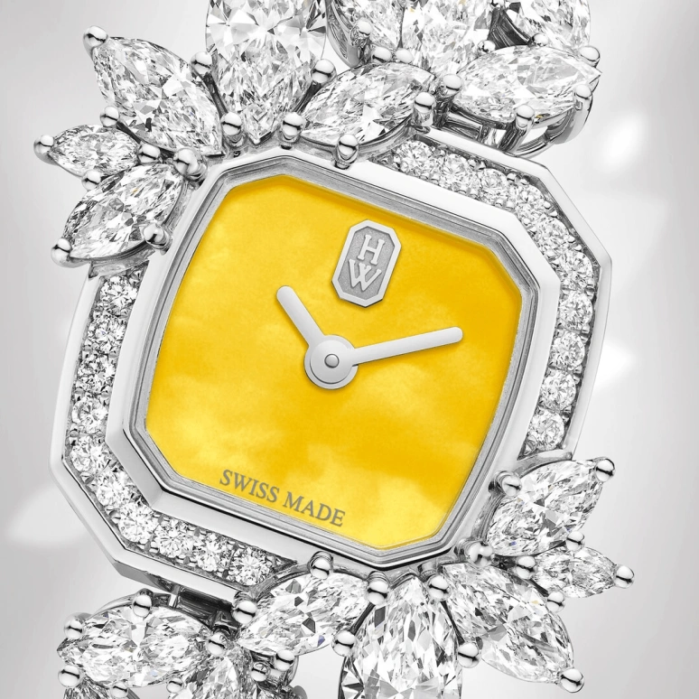 Harry Winston,High Jewelry Timepieces 17.5x17.5mm,17.5x17.5mm,Platinum,Yellow,Quartz,In-house Caliber,Mother of Pearl,HJTQHM18PP016