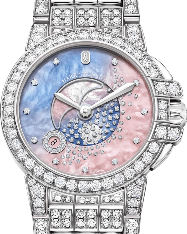 Harry Winston,The Ocean 36mm,36mm,Gold,White Gold,Blue,Pink,Quartz,In-house Caliber,Mother of Pearl,OCEQMP36WW029