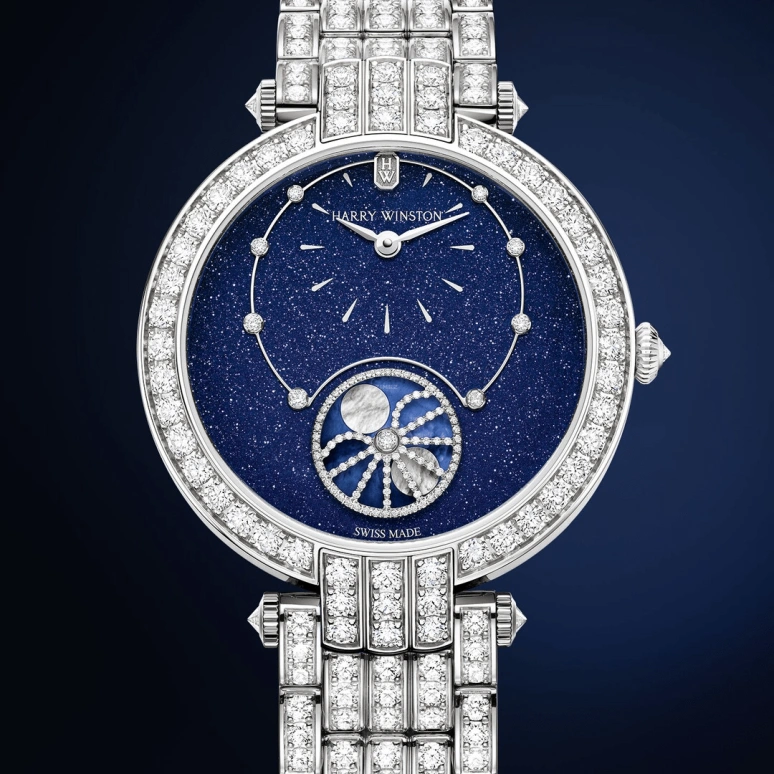 Harry Winston,The Premier 36mm,36mm,Gold,White Gold,Blue,Automatic,In-house Caliber,Mother of Pearl,Aventurine,PRNAMP36WW003