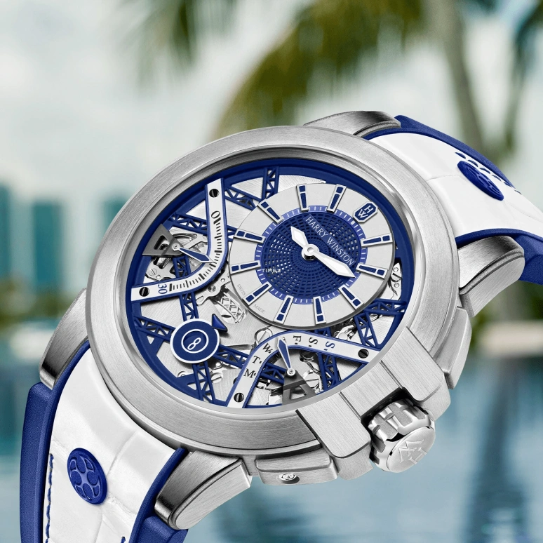 Harry Winston,The Ocean 42.20mm,42.20mm,Zalium,Silver,Blue,Automatic,Date,Day,Jumping Seconds,Retrograde,In-house Caliber,Round,OCEABI42ZZ006