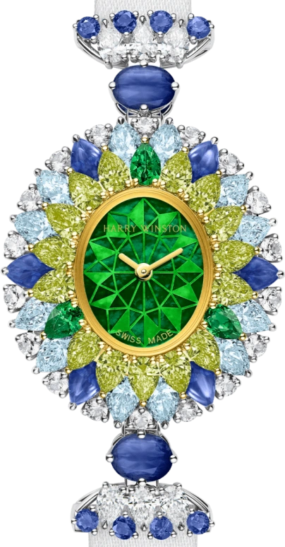 Harry Winston,High Jewelry Timepieces 29.6x31.85mm,29.6x31.85mm,Yellow Gold,Gold,Platinum,Green,Quartz,In-house Caliber,Mother of Pearl,HJTQHM29PY001