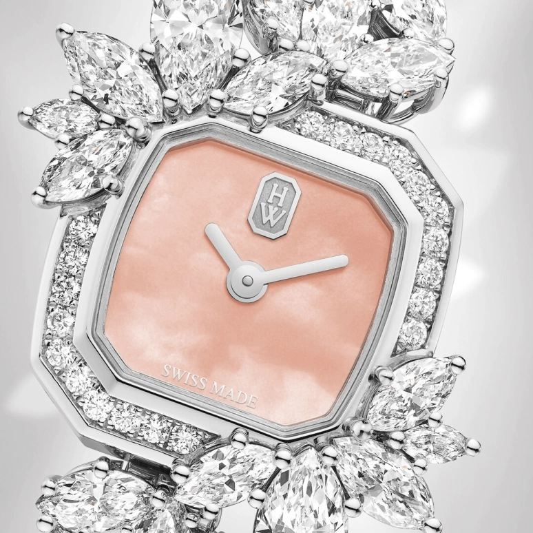Harry Winston,High Jewelry Timepieces 17.5x17.5mm,17.5x17.5mm,Platinum,Pink,Quartz,In-house Caliber,Mother of Pearl,HJTQHM18PP014