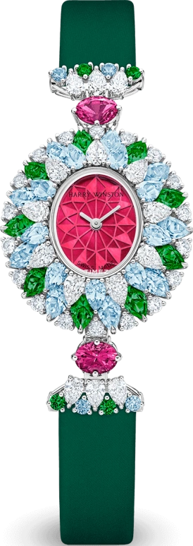 Harry Winston,High Jewelry Timepieces 29.60x31.80mm,29.60x31.80mm,Platinum,Red,Quartz,In-house Caliber,Oval,HJTQHM29PP015
