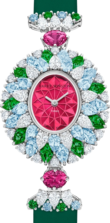 Harry Winston,High Jewelry Timepieces 29.60x31.80mm,29.60x31.80mm,Platinum,Red,Quartz,In-house Caliber,Oval,HJTQHM29PP015