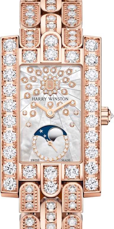 Harry Winston,The Avenue 21.4x36.1mm,21.4x36.1mm,Rose Gold,Gold,White,Quartz,In-house Caliber,Gold,Mother of Pearl,Emerald,AVEQMP21RR006
